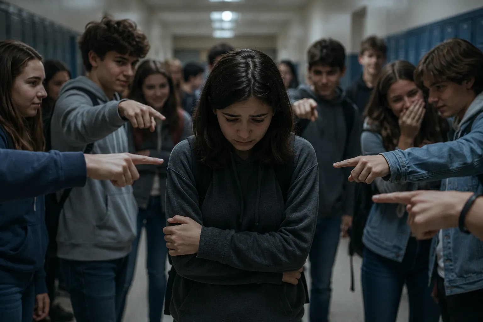 persona señalada por otros, representando el miedo al juicio social