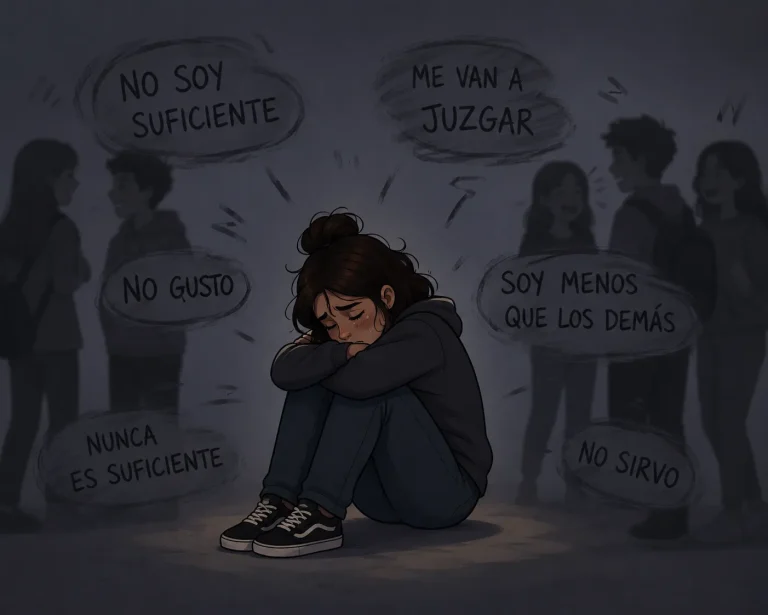 Persona sentada sola y encogida, rodeada de pensamientos negativos y sensación de aislamiento social y baja autoestima.
