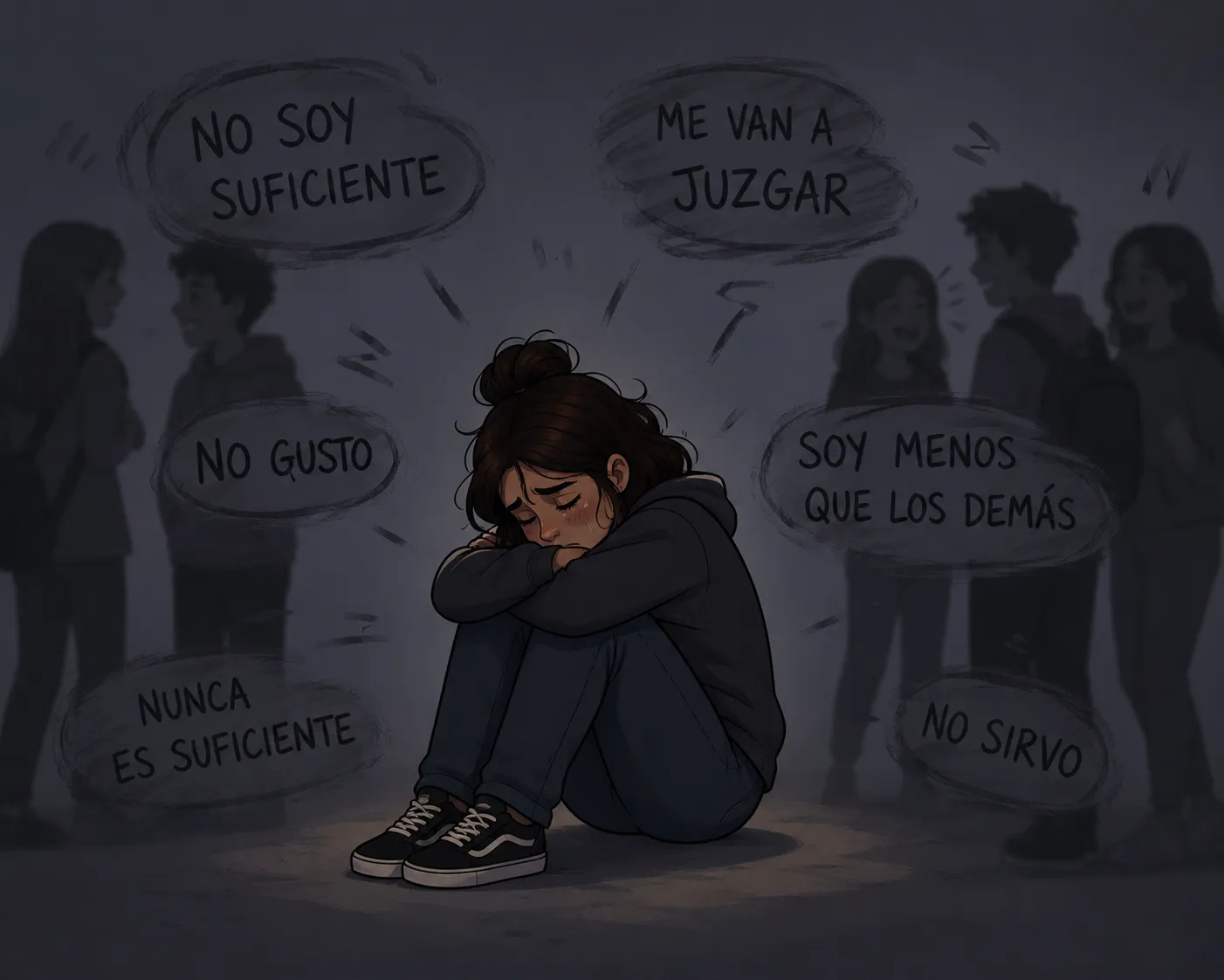 Persona sentada sola y encogida, rodeada de pensamientos negativos y sensación de aislamiento social