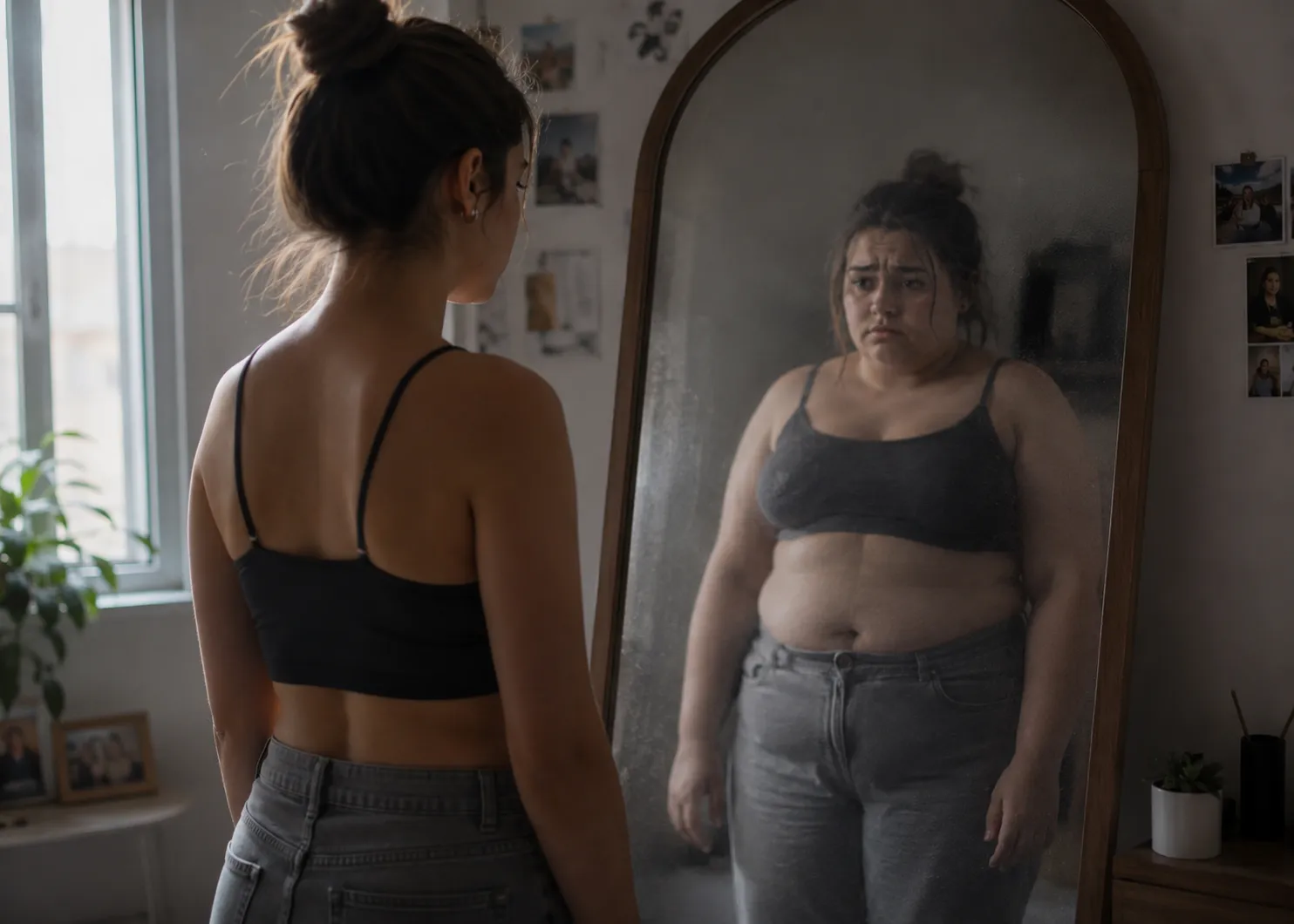 Mujer mirándose al espejo con distorsión de la autoimagen y percepción negativa de su cuerpo