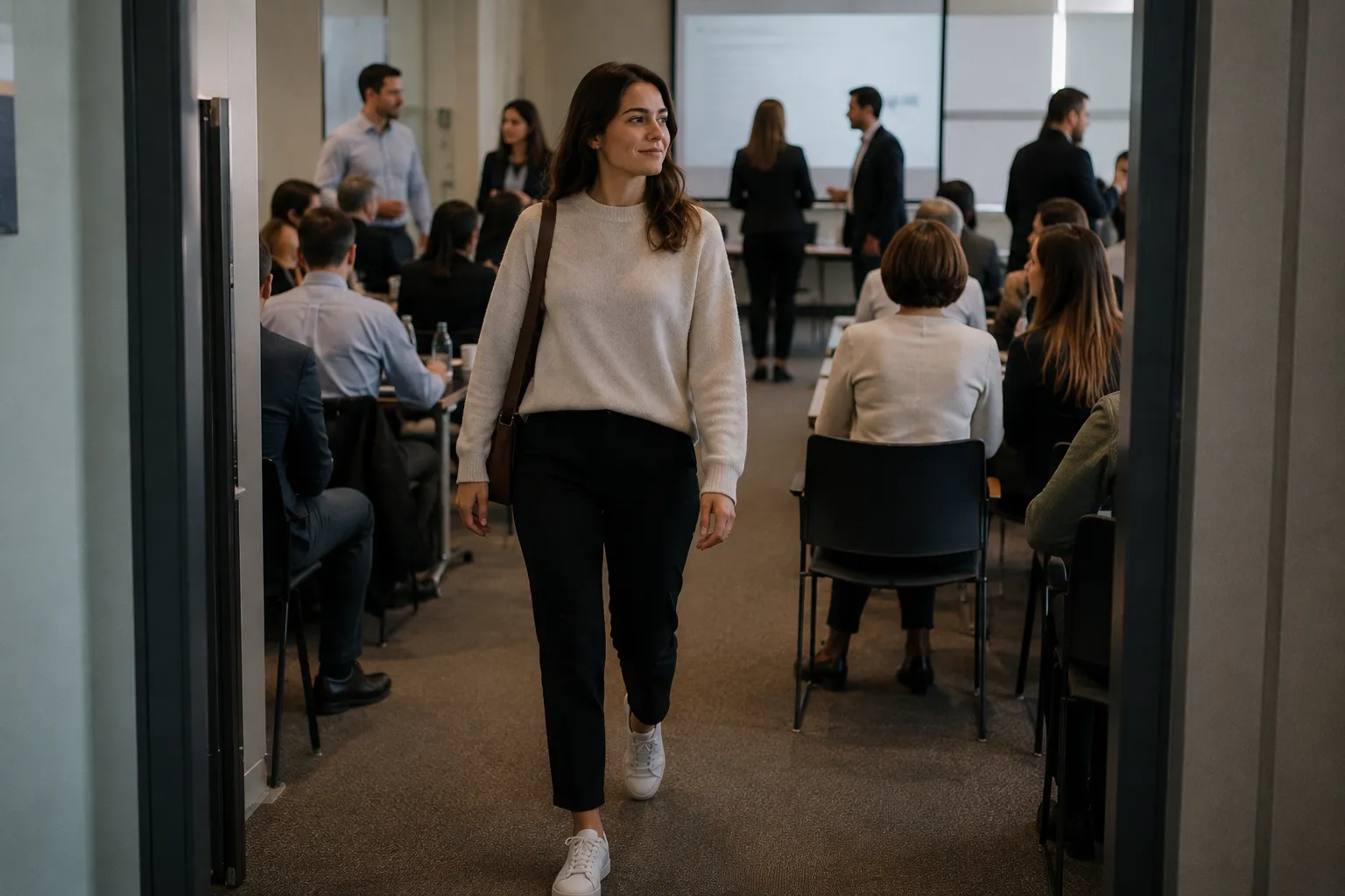 Mujer entrando con confianza en una reunión de trabajo llena de gente, transmitiendo seguridad y autoestima recuperada